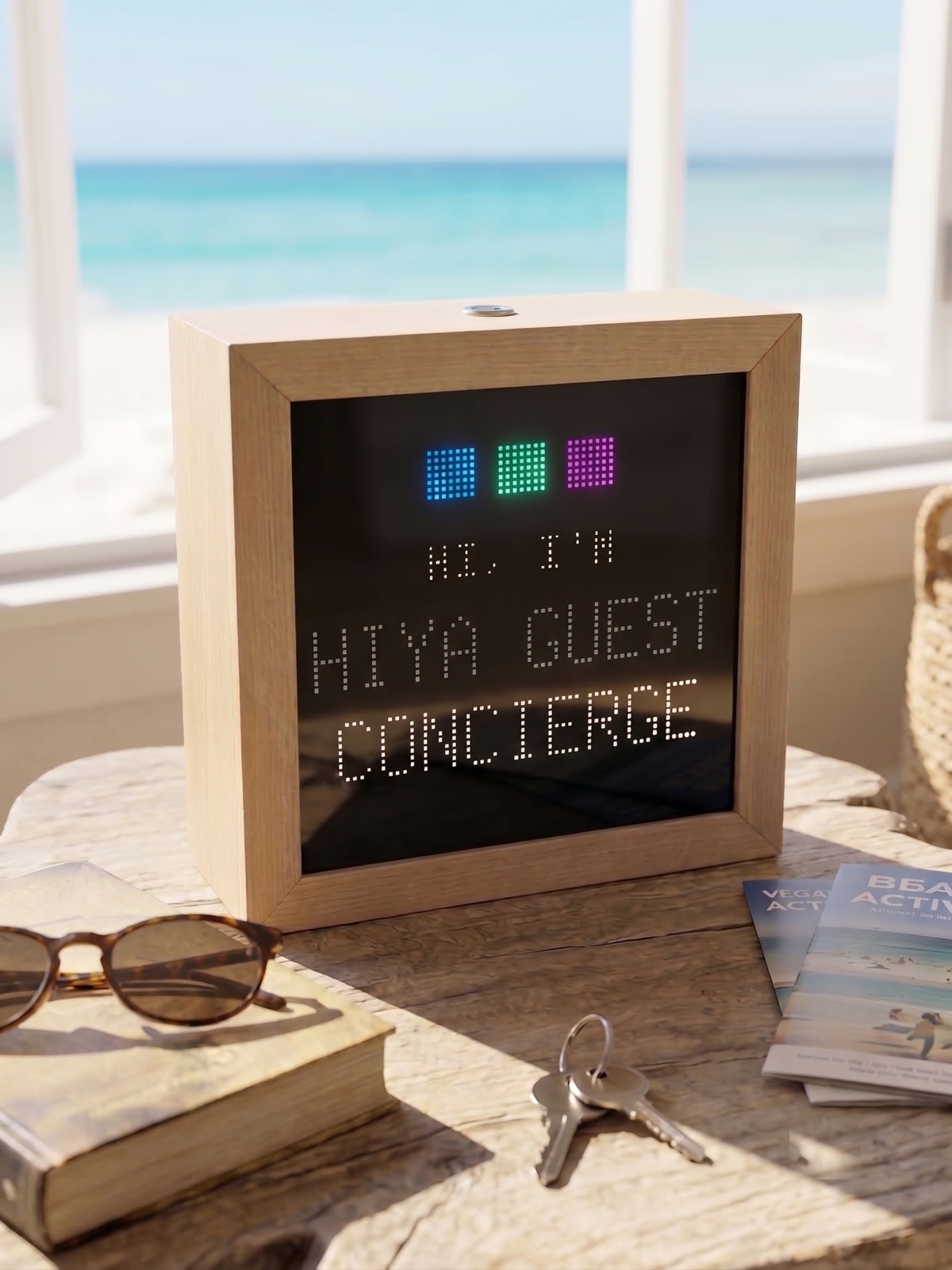 Hiya Concierge — a wood-framed LED panel on a side table in a beach rental, its dot-matrix display reading HI, I'M HIYA GUEST CONCIERGE