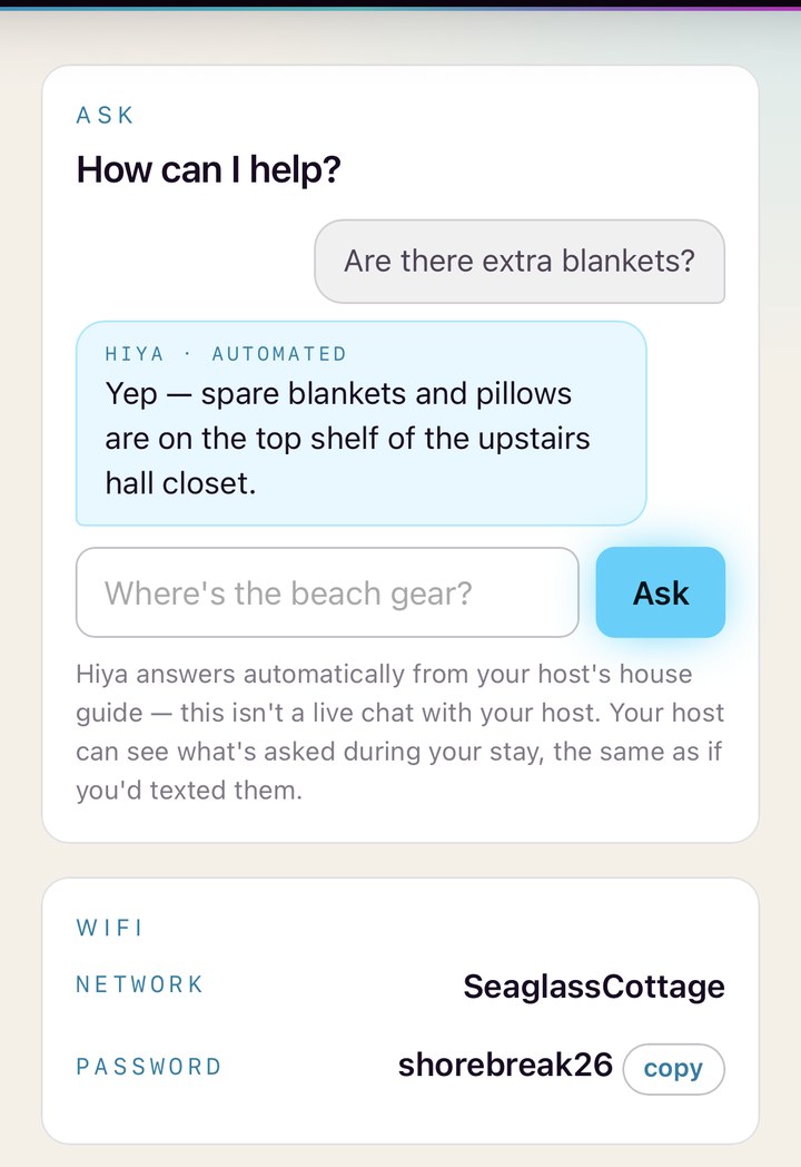 The Pocket Concierge Ask card answering a guest's question &mdash; How can I help? &mdash; with the stay's wifi details below