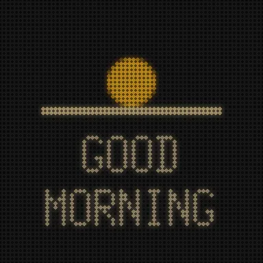 Animated LED screen: a sun rising over a horizon line, GOOD MORNING in warm amber