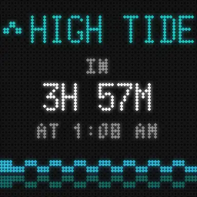 Animated LED screen: HIGH TIDE in teal with an up chevron, IN 3H 57M, AT 1:08 AM, over rolling waves