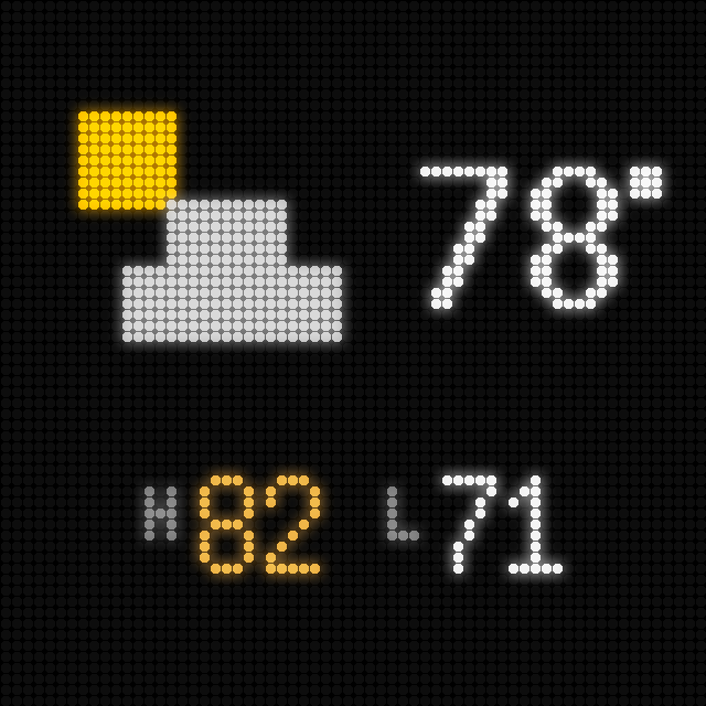 LED screen: sun-behind-cloud icon, 78 degrees, high 82 low 71